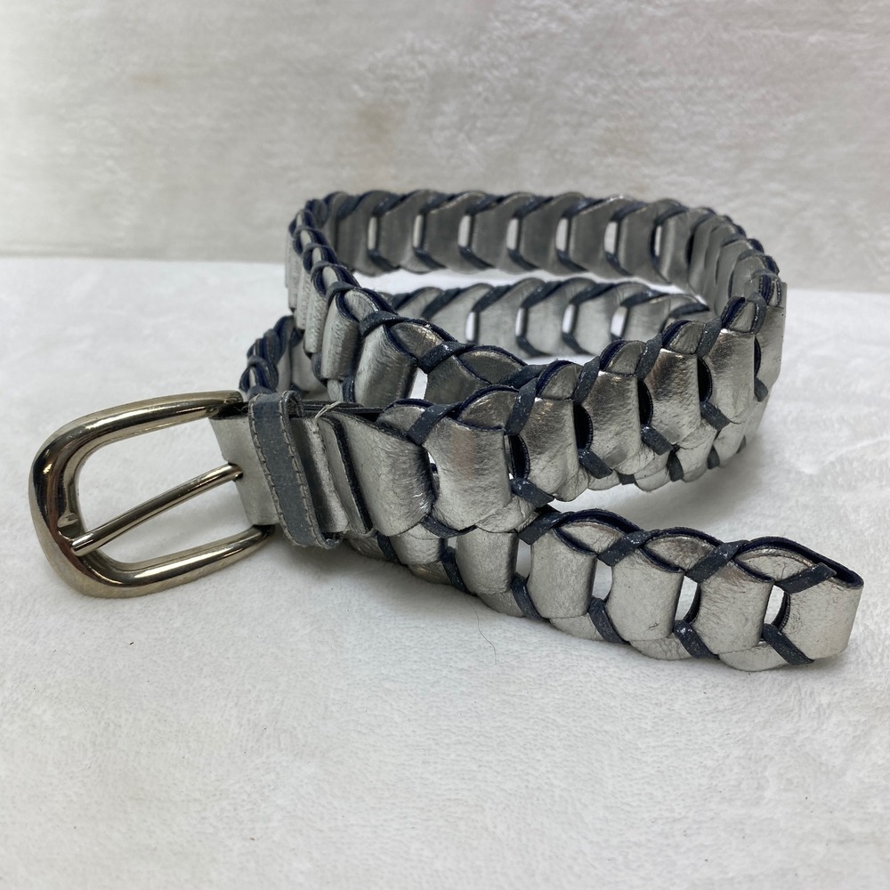 Metallic Silver Braided Leather Belt Woven Whipstitch Detail Size ML 37.5 Inch